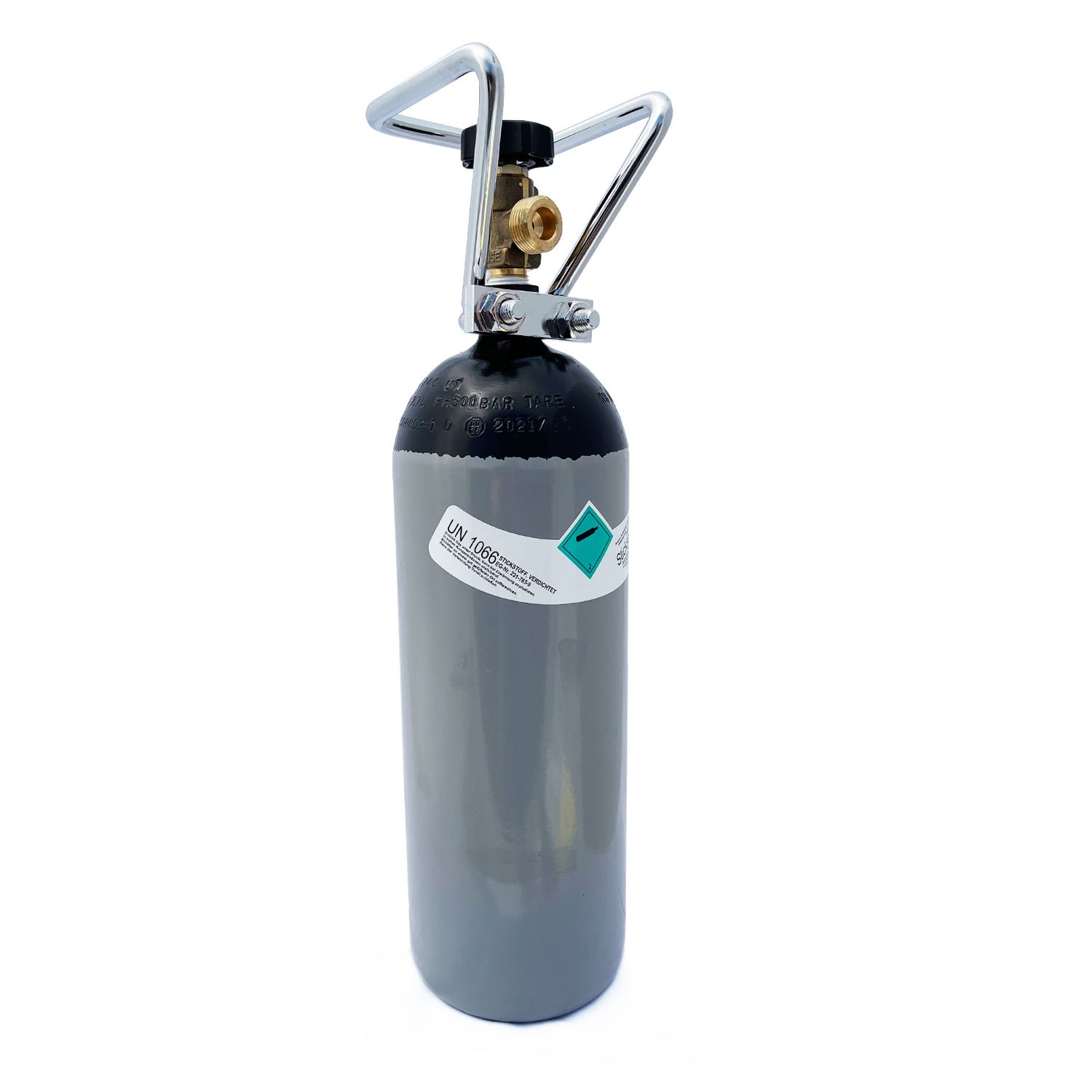 Botella de nitrógeno (N2), botella de gas, 2L, con portabotellas
