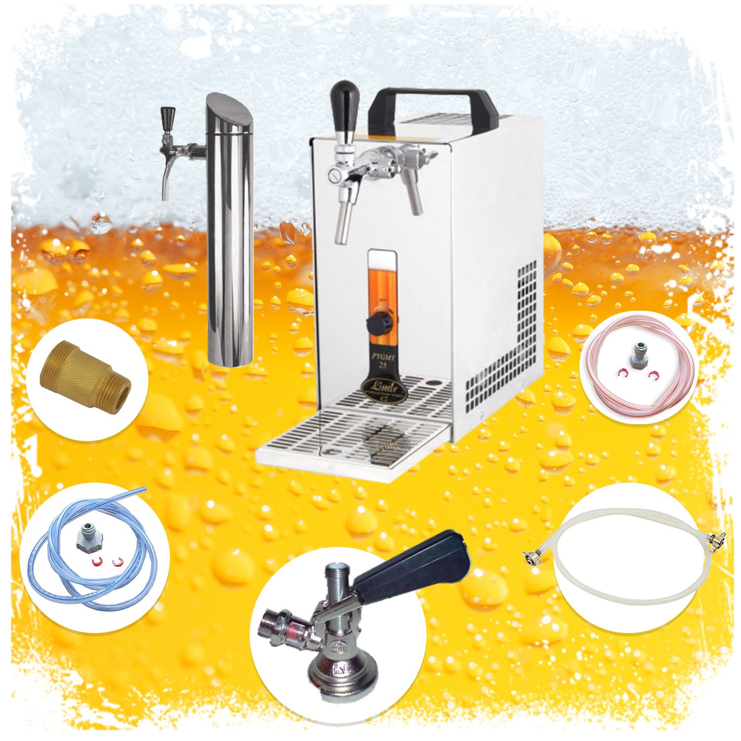 Kit completo Dispensador de cerveza, Máquina de cerveza PYGMY 20/K con bomba de membrana, refrigerador seco de 1 línea de acero inoxidable, 25 litros/h, incl. Green Line