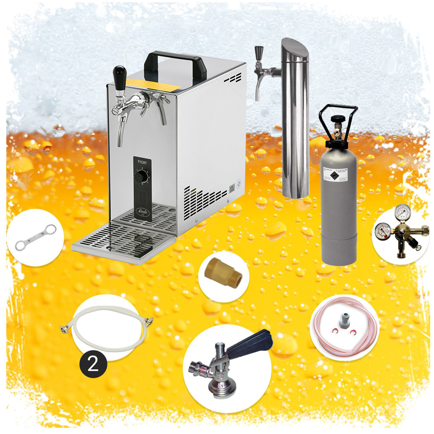 [Paket] Juego completo Dispensador de cerveza, Máquina de cerveza - PYGMY 25 1 línea, 35 litros/h - incl. Torre dispensadora, Green Line