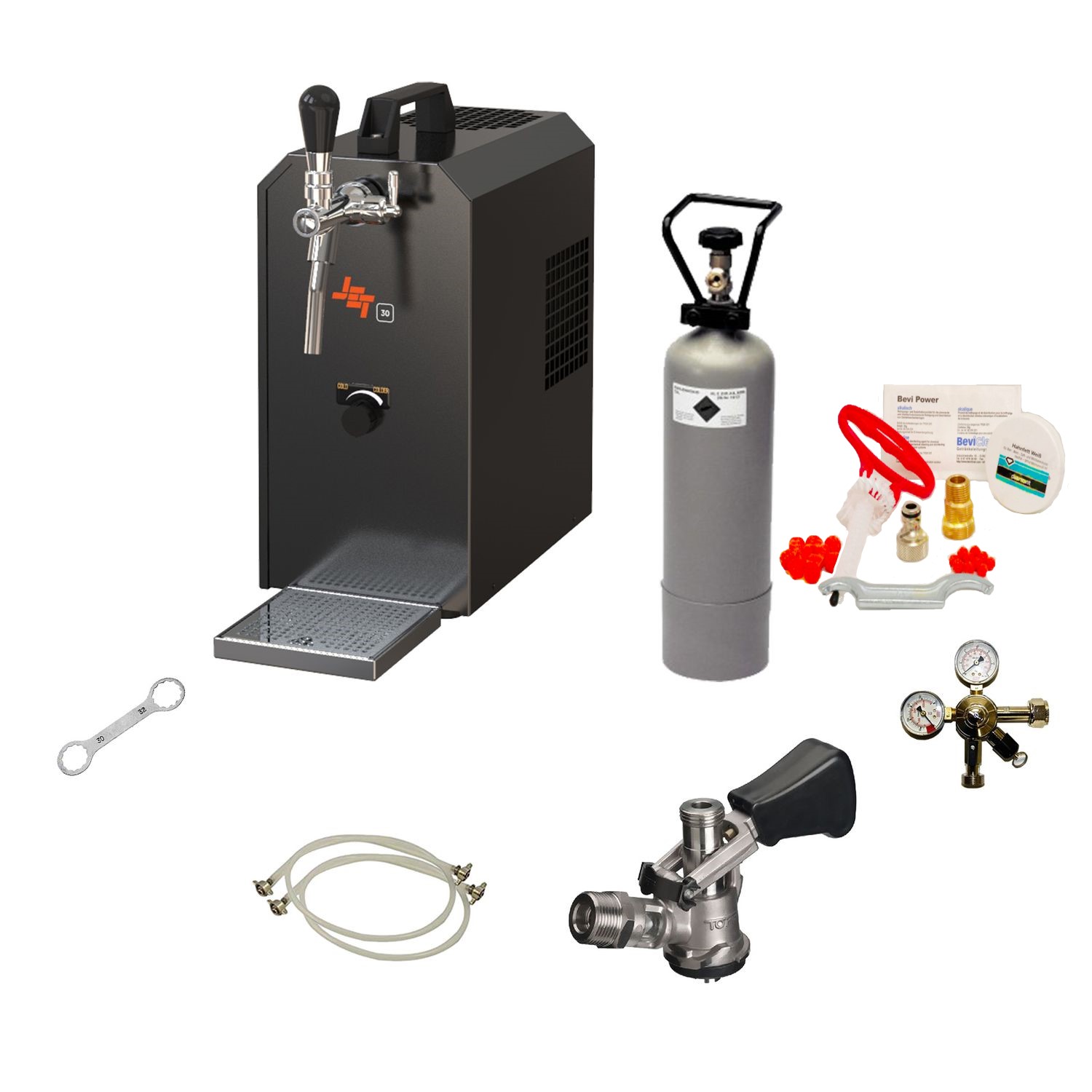 [Paket] Set completo: Dispensadores de cerveza JET 30 Enfriador seco de 1 línea, 35 litros/h, Juego de limpieza para dispensador de cerveza y barril