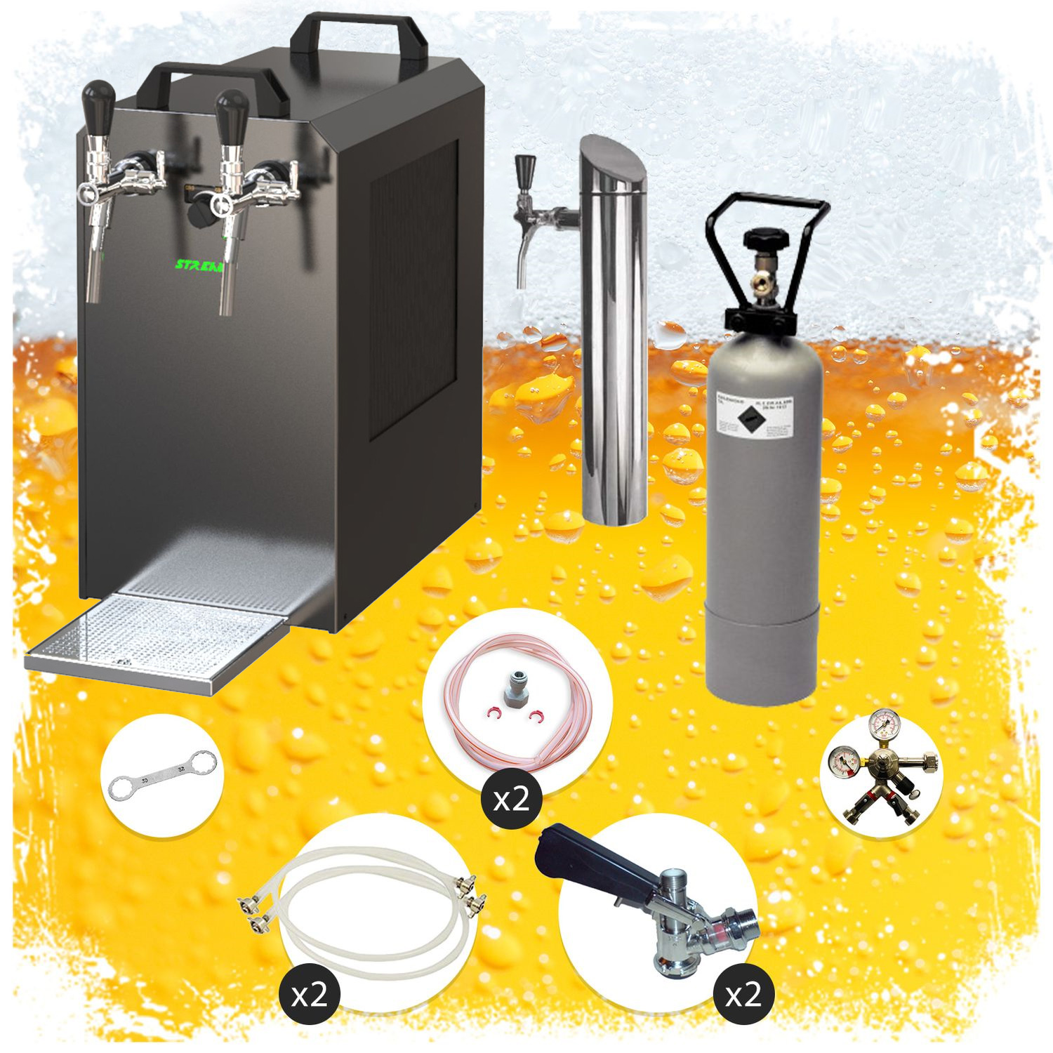 Kit completo: Dispensadores de cerveza STREAM 80 caja de cerveza, enfriador de flujo continuo, enfriador en seco de 2 líneas