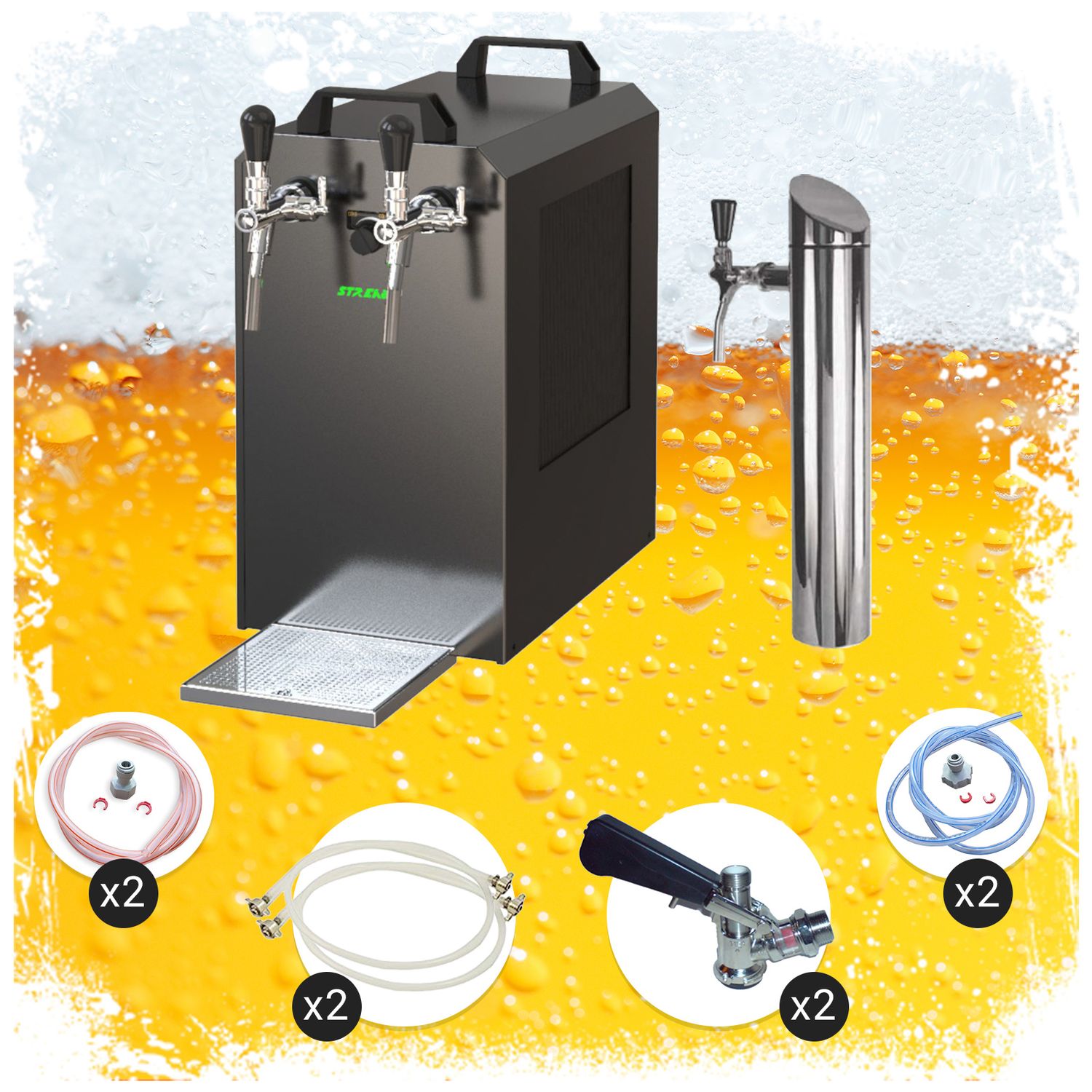 Kit completo: dispensadores de cerveza STREAM 80K caja de cerveza, enfriador de flujo continuo, enfriador en seco de 2 líneas