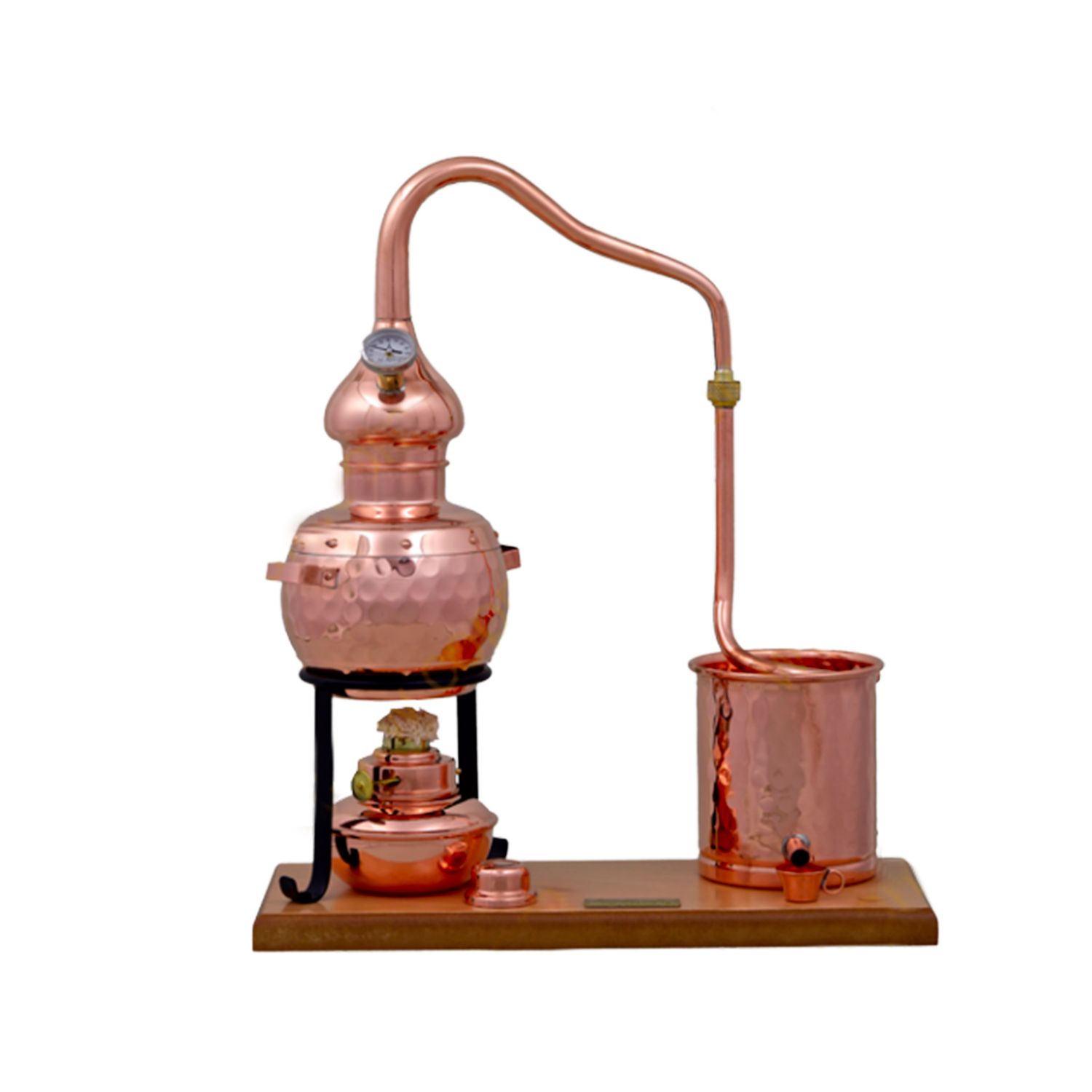 Alambique, Alquitara, Destilador de cobre - Conjunto Premium, con quemador de alcohol y termómetro, 0,7 litros