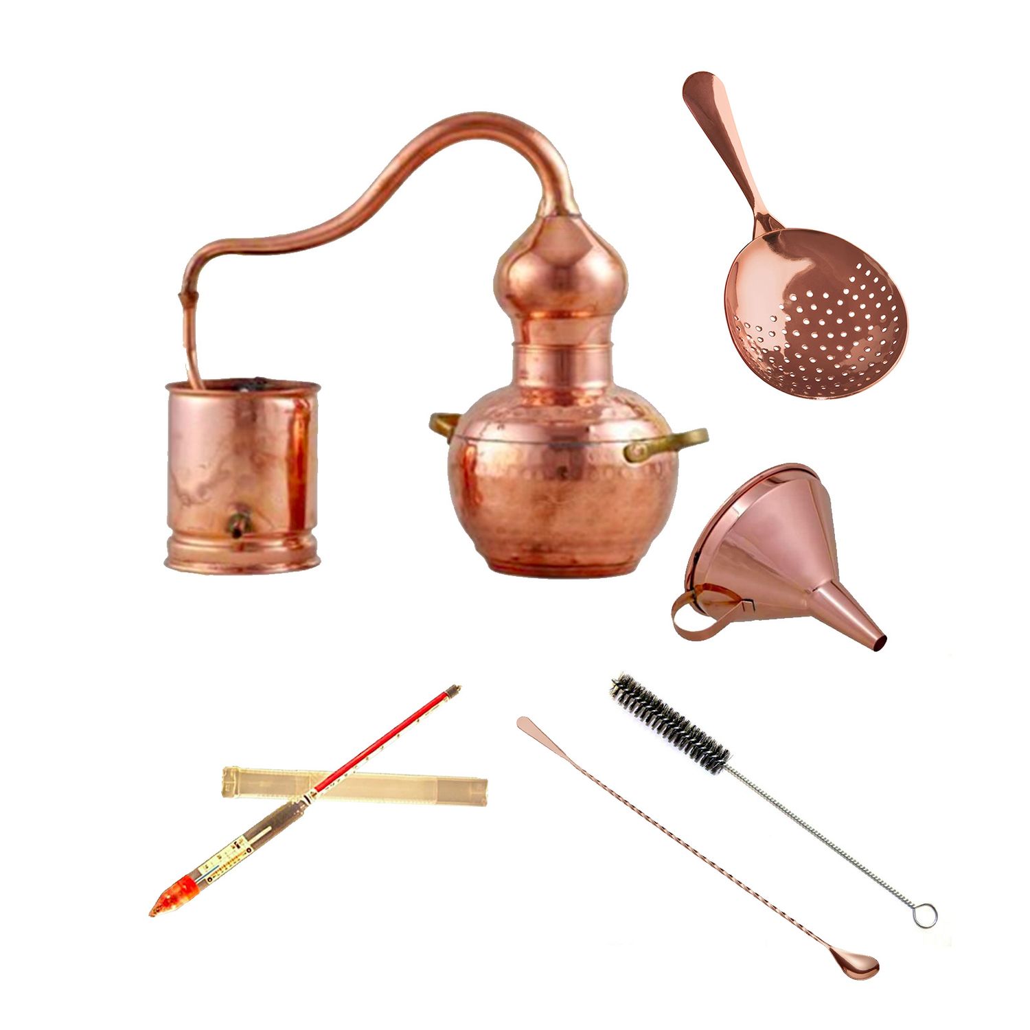 Set completo Alambique, Alquitara, Destilador de cobre - con colador y cuchara de bar, 2 litros