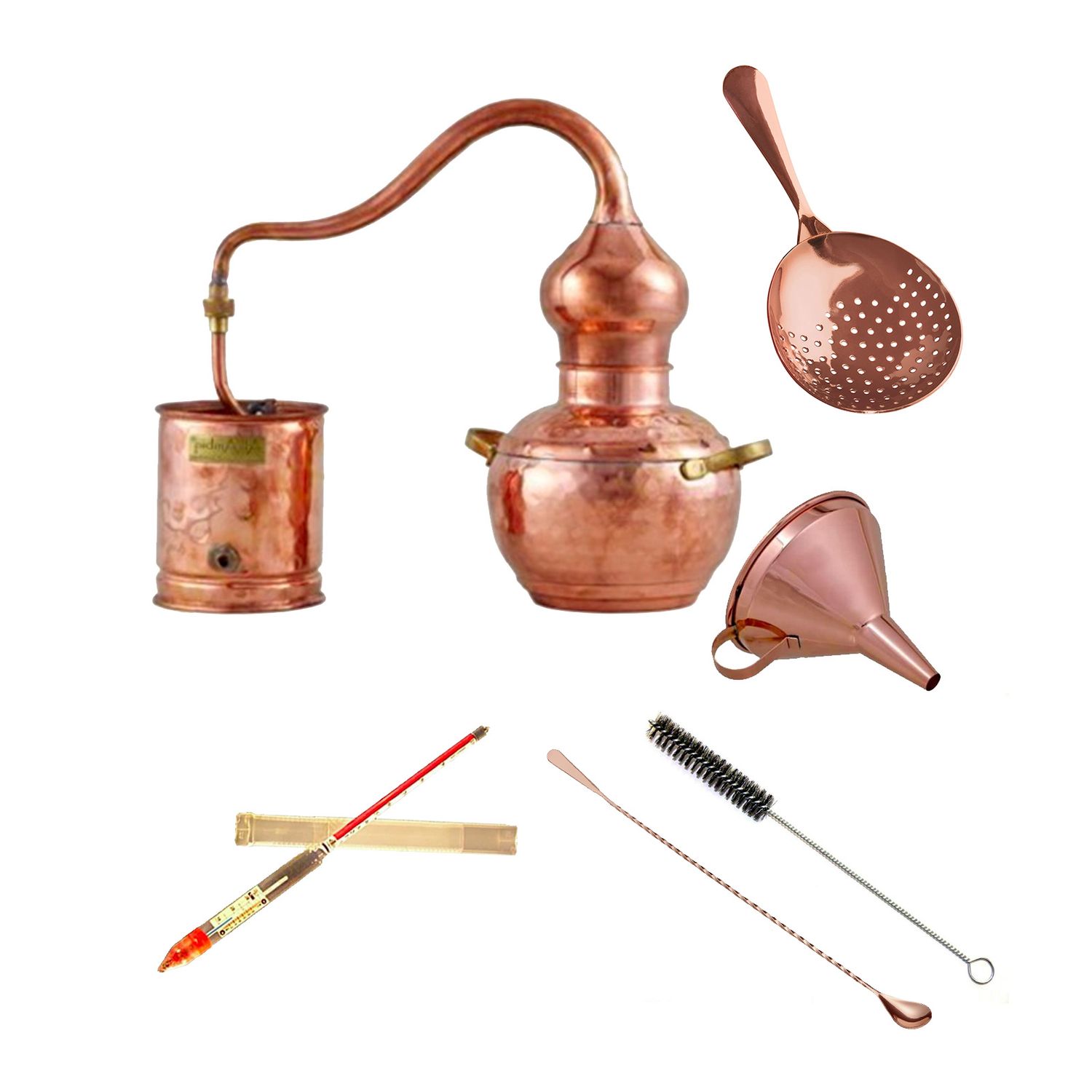 Set completo Alambique, Alquitara, Destilador de cobre - Premium, con colador y cuchara de bar, 2 litros