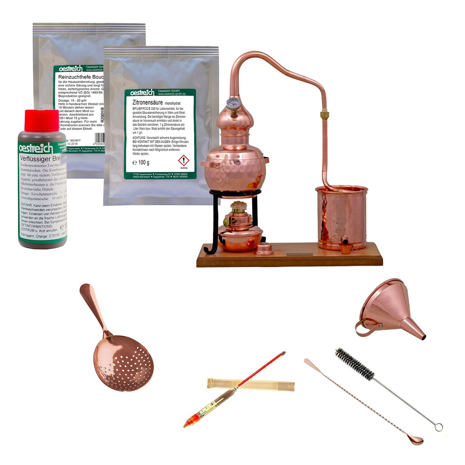 Set completo Alambique, Alquitara, Destilador de cobre - Premium, con accesorios y ayuda a la fermentación, 0,7 litros