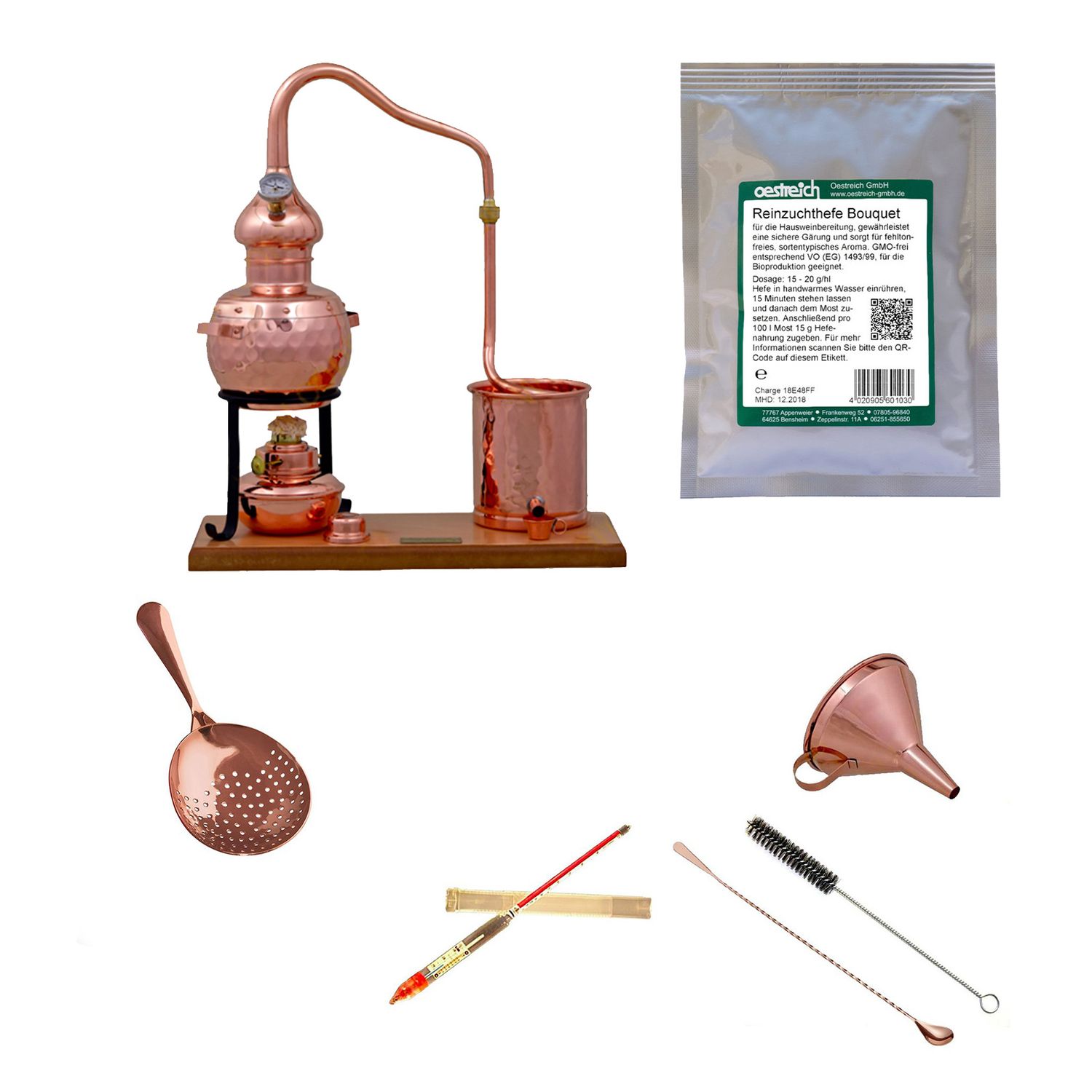 Set completo Alambique, Alquitara, Destilador de cobre - Premium, con levadura pura, 0,7 litros