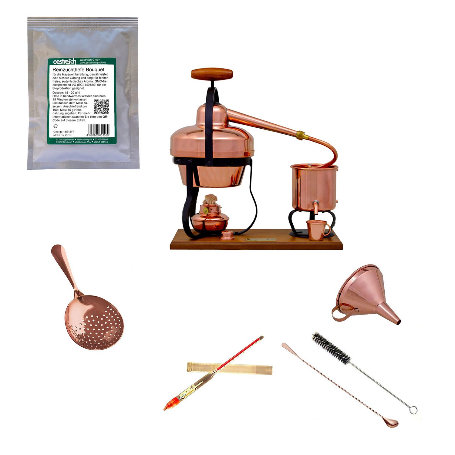 Set completo Alambique, Alquitara, Destilador de cobre - con levadura pura, 1,25 litros