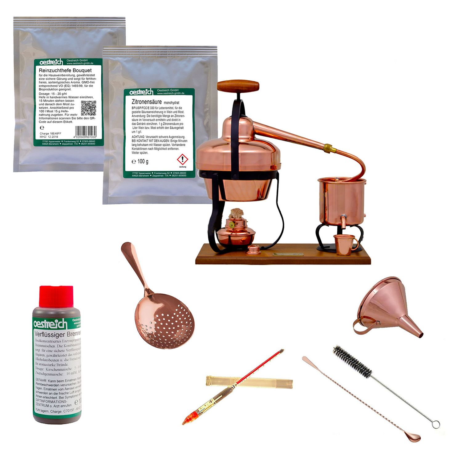 Set completo Alambique, Alquitara, Destilador de cobre - con accesorios y ayuda a la fermentación, 1,25 litros