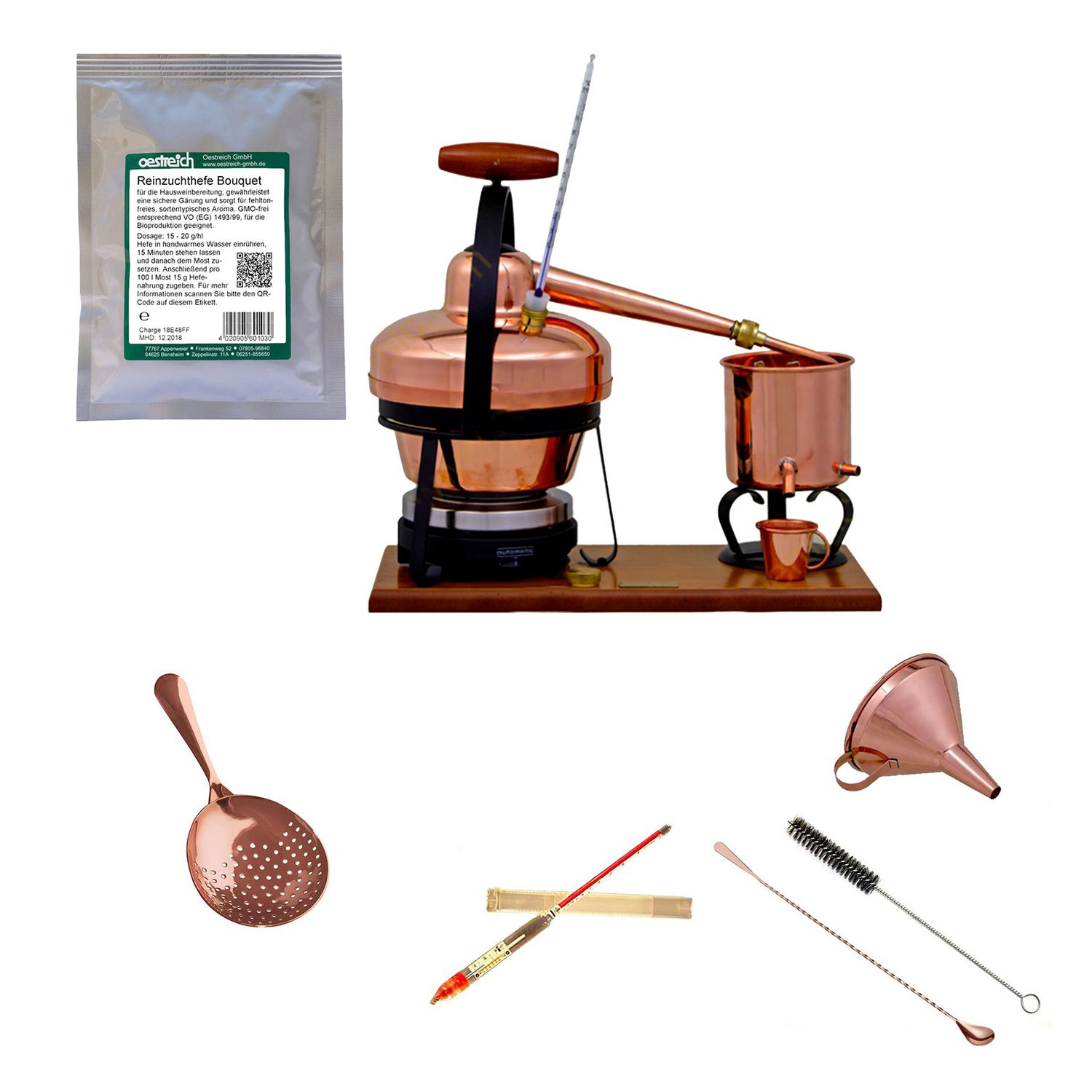 Set completo Alambique, Alquitara, Destilador de cobre - Premium, con levadura pura, 1,25 litros