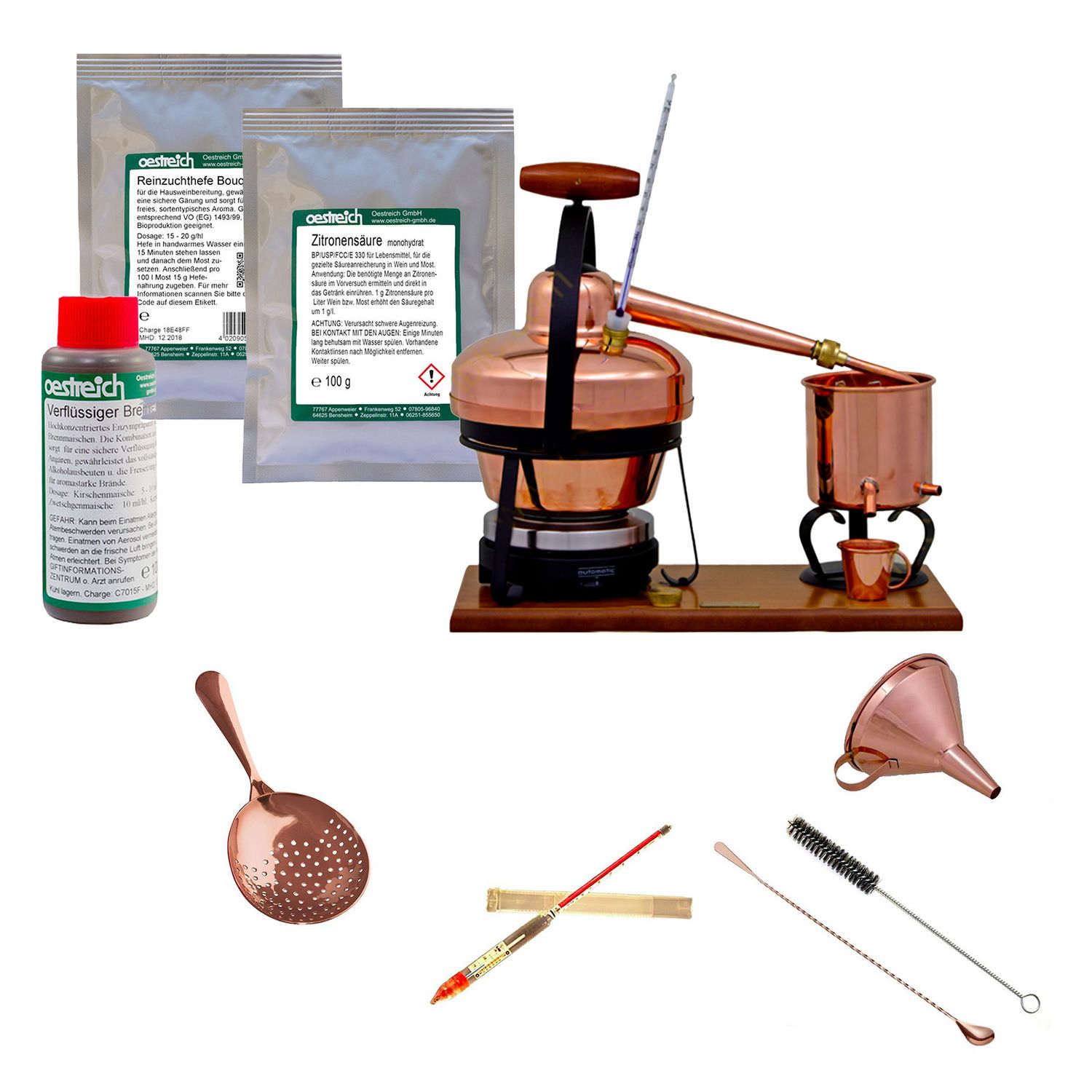 Set completo Alambique, Alquitara, Destilador de cobre - Premium, con accesorios y ayuda a la fermentación 1,25 litros