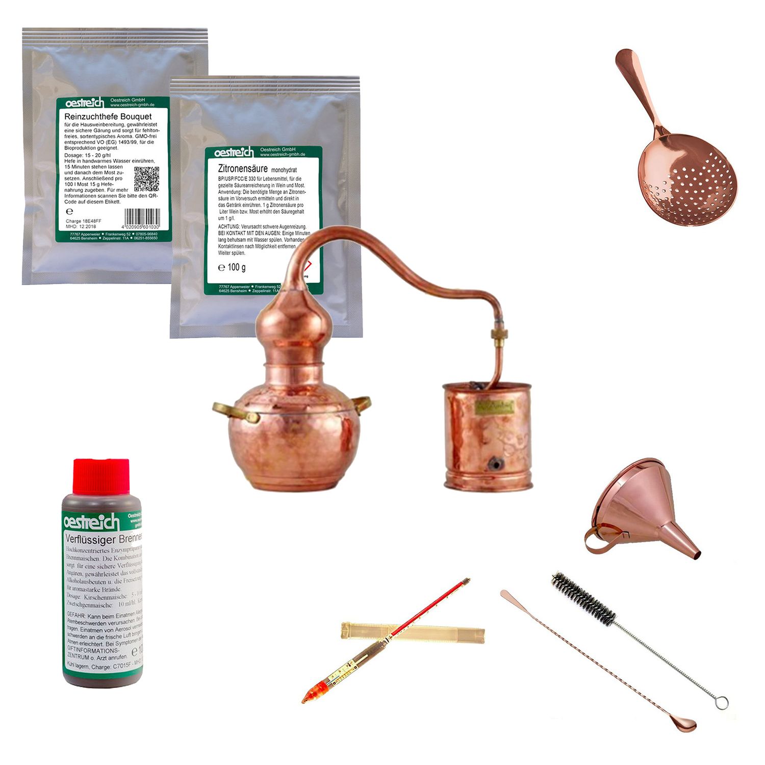 Set completo Alambique, Alquitara, Destilador de cobre - Premium, con accesorios y ayuda a la fermentación, 1 litro