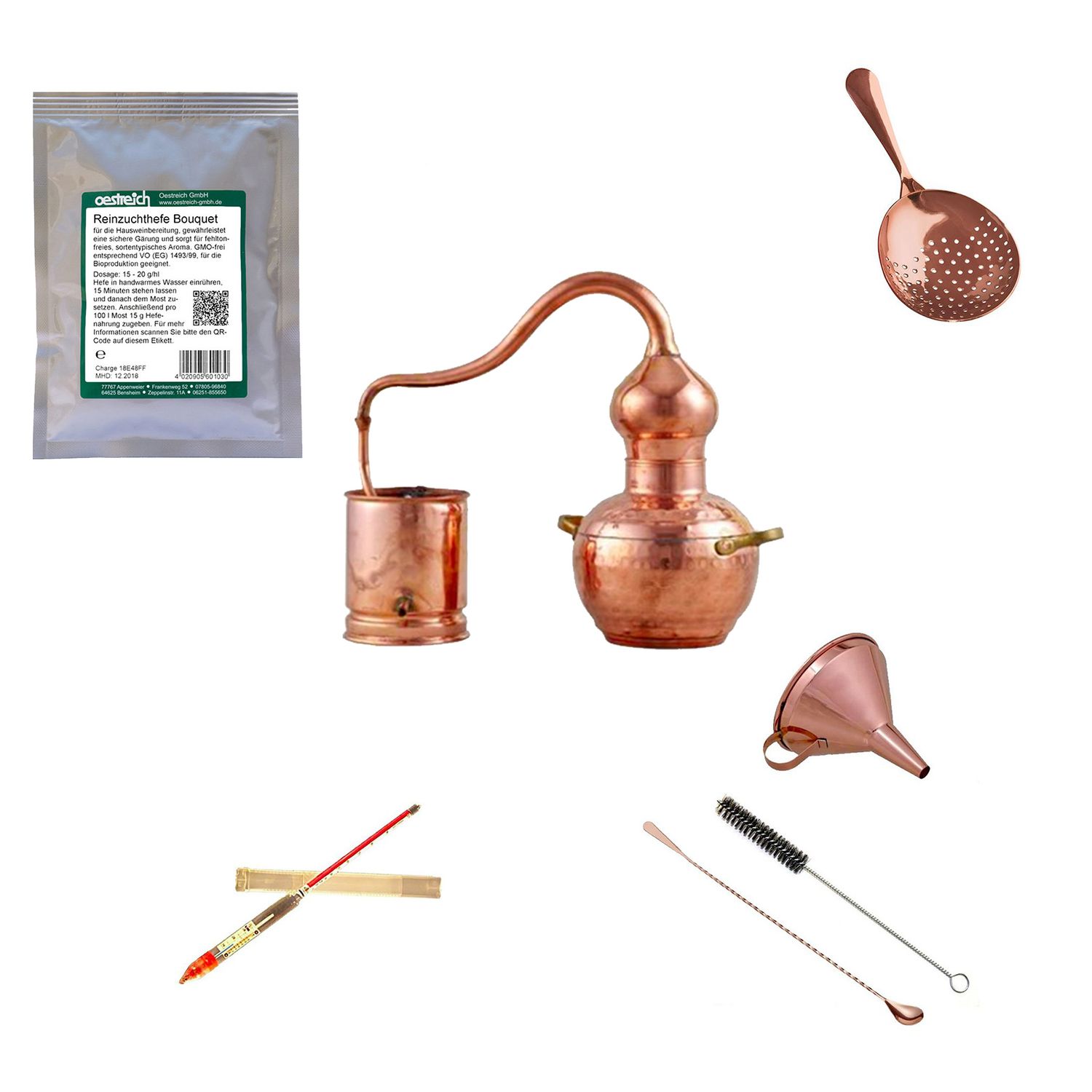 Set completo Alambique, Alquitara, Destilador de cobre - con levadura pura, 2 litros
