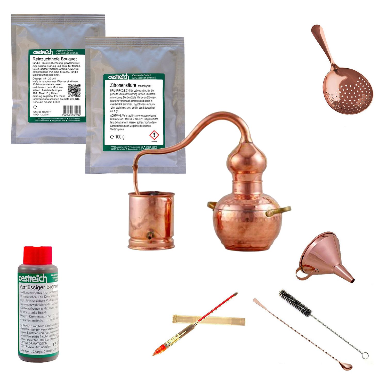 Set completo Alambique, Alquitara, Destilador de cobre - con accesorios y ayuda a la fermentación, 2 litros