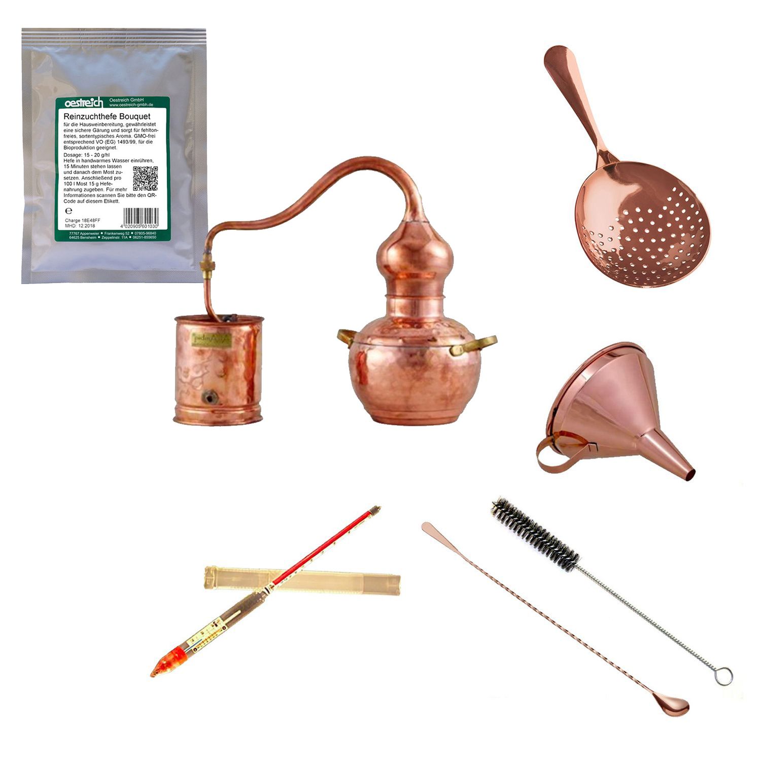 Set completo Alambique, Alquitara, Destilador de cobre - Premium, con levadura pura, 2 litros