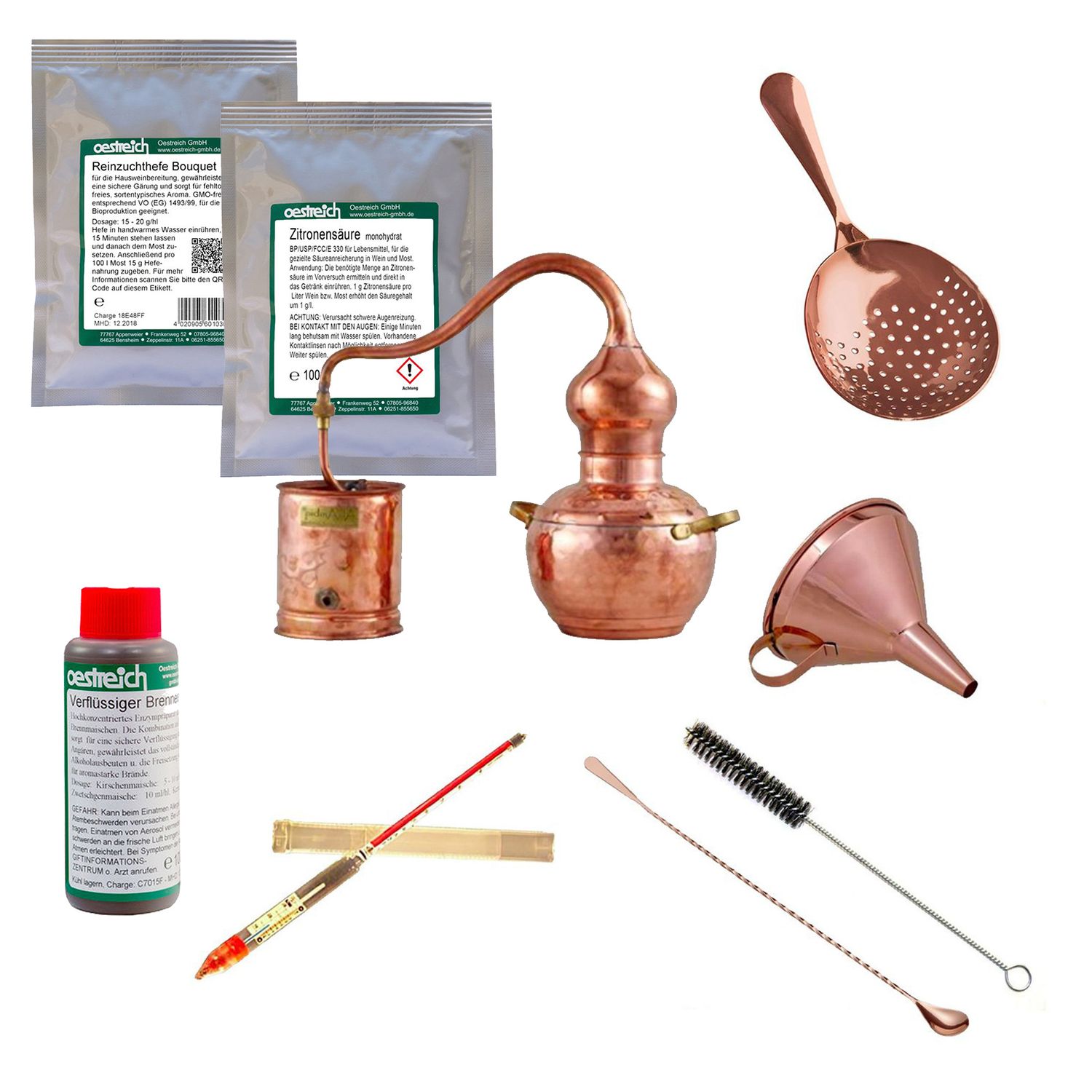 Set completo Alambique, Alquitara, Destilador de cobre - Premium, con accesorios y ayuda a la fermentación, 2 litros