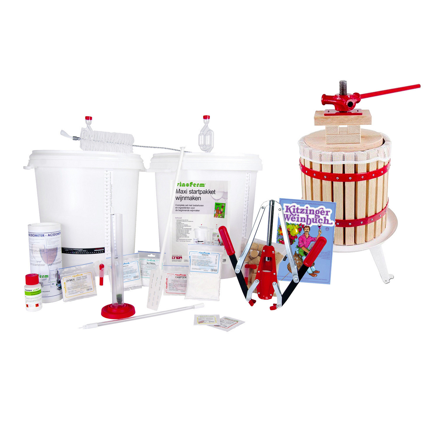 Kit para hacer vino - MAXI con prensa de frutas 12 litros, instrucciones en inglés