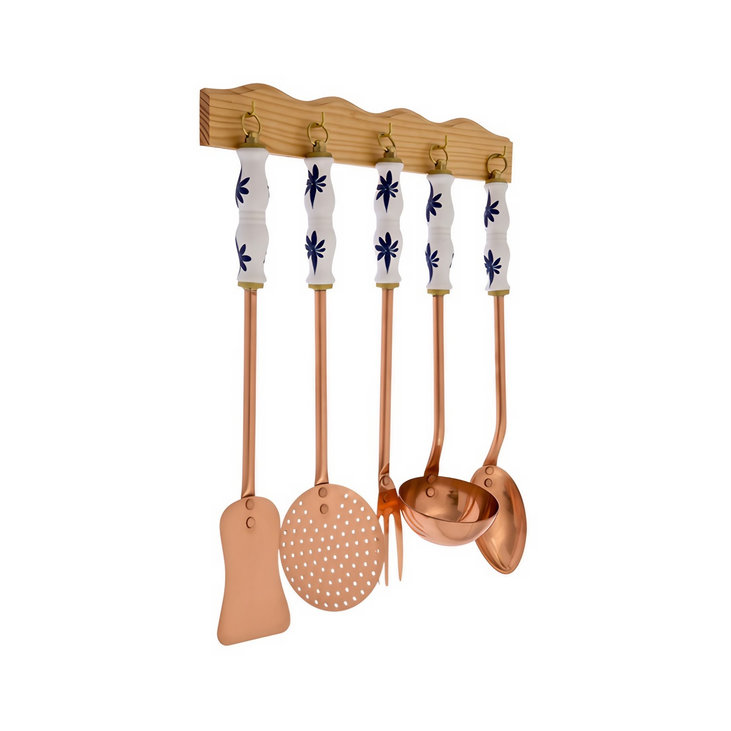 Utensilios de cocina - Flor, juego con soporte de madera, de 5 piezas, cobre