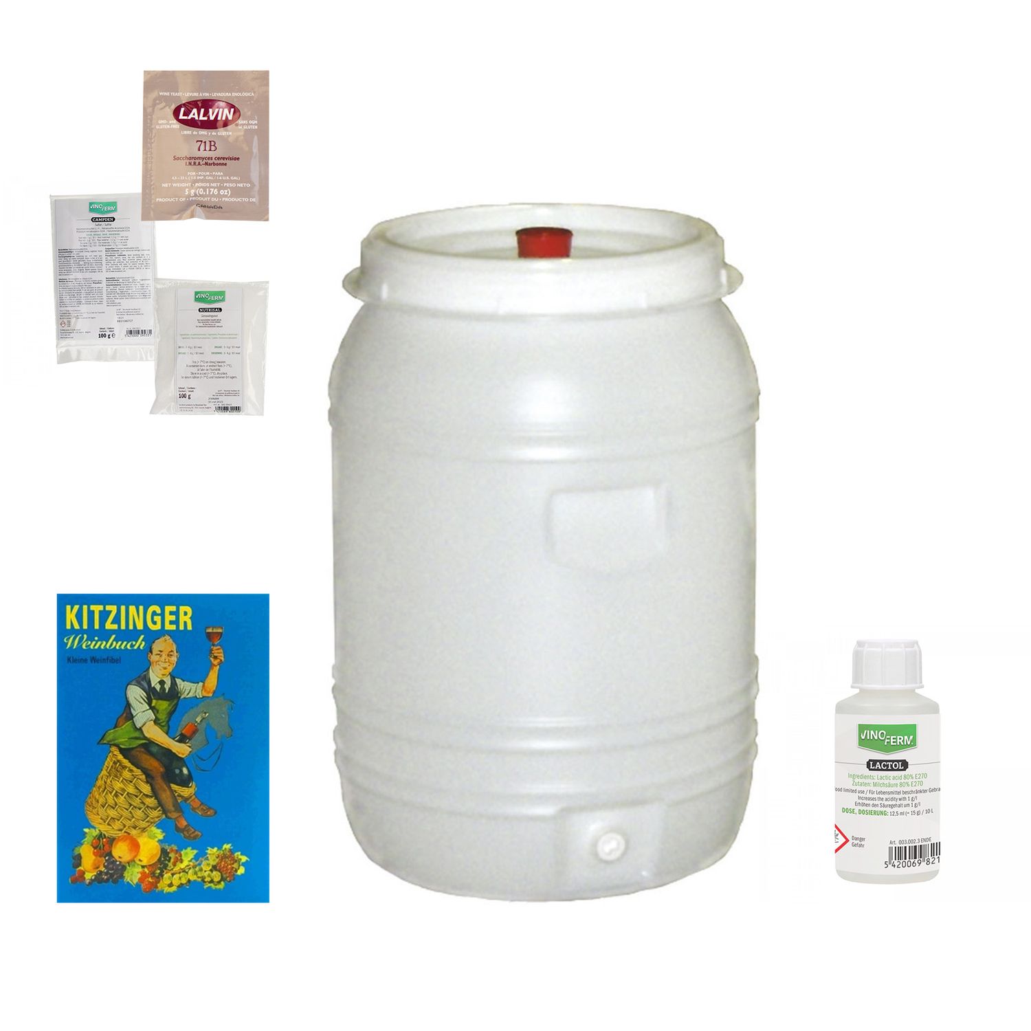Kit de vinho, Kit para hacer vino en casa - con barril de plástico 60L, pequeño