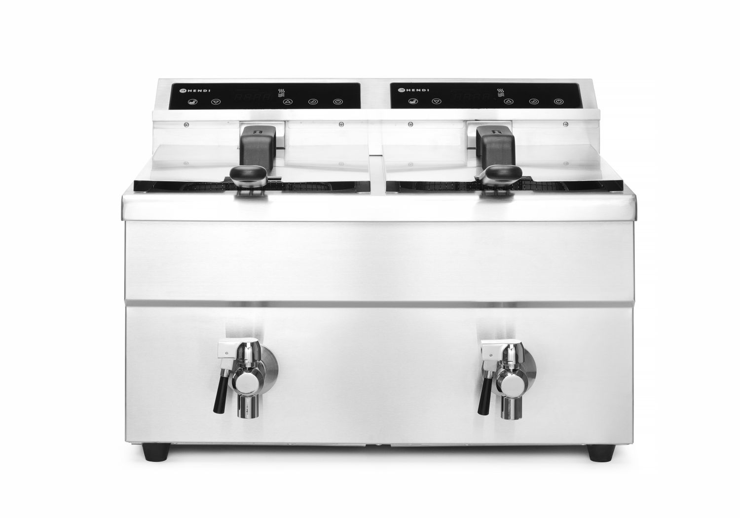 Freidora - Inducción con grifo de vaciado, 2 x 8 l, acero inoxidable con 2 temporizadores de cuenta atrás