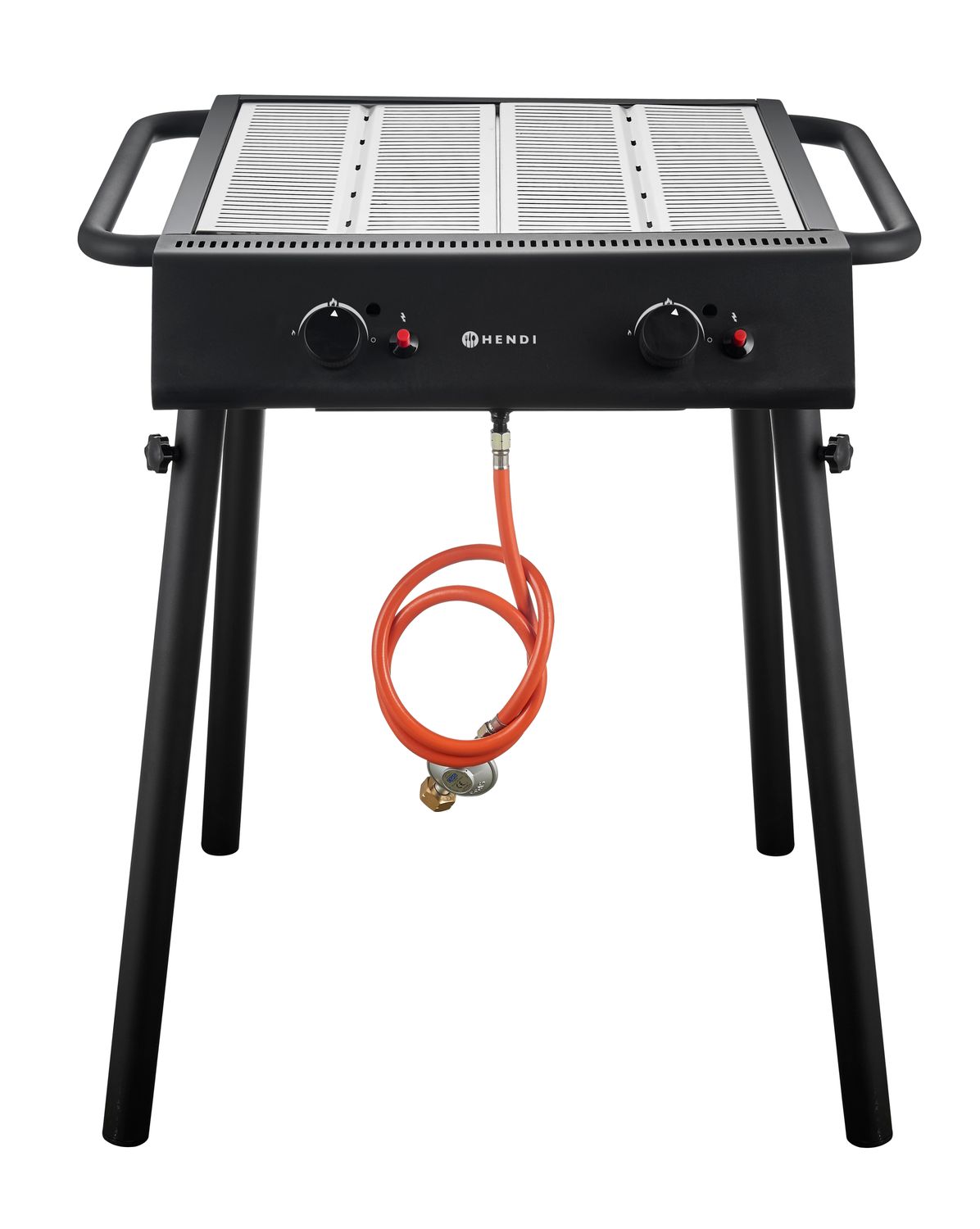 Parrilla a gas - Fabricada en acero inoxidable, 2 quemadores, superficie de parrilla de 540x540 mm, con patas desmontables y encendido electrónico.