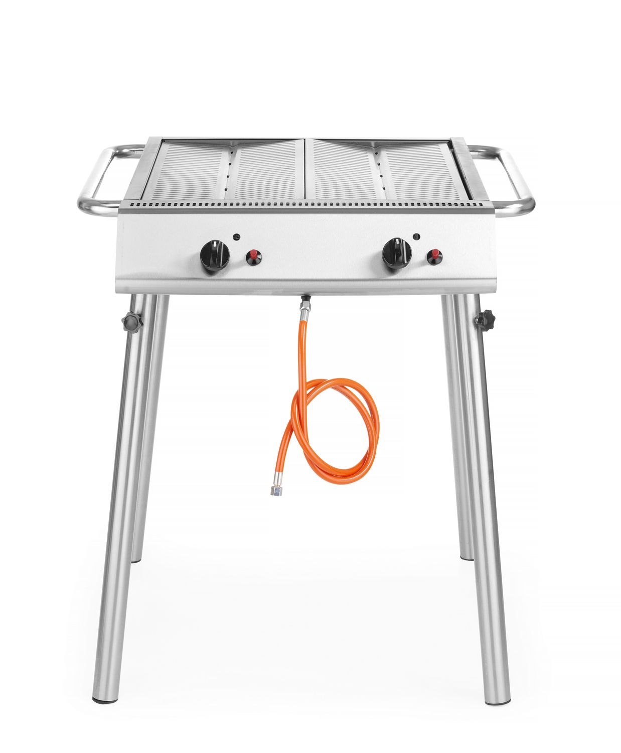Parrilla a gas - Fabricado en acero inoxidable, 2 quemadores, superficie de parrilla de 540x540 mm, patas desmontables, gas propano