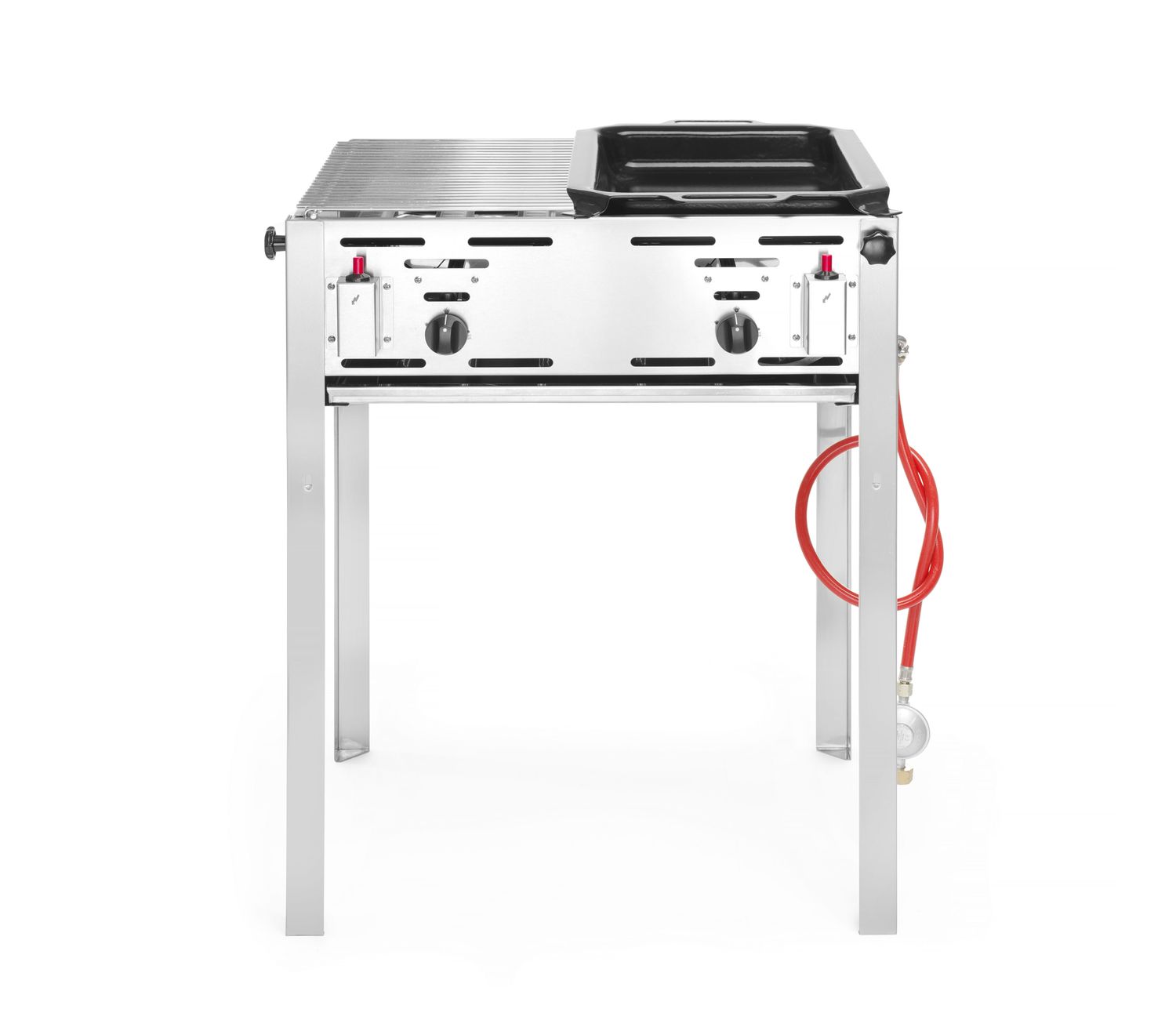 Plancha de gas - con parrilla cromada y sartén esmaltada, 290x480 mm, encendido electrónico, manguera de gas y reductor de presión