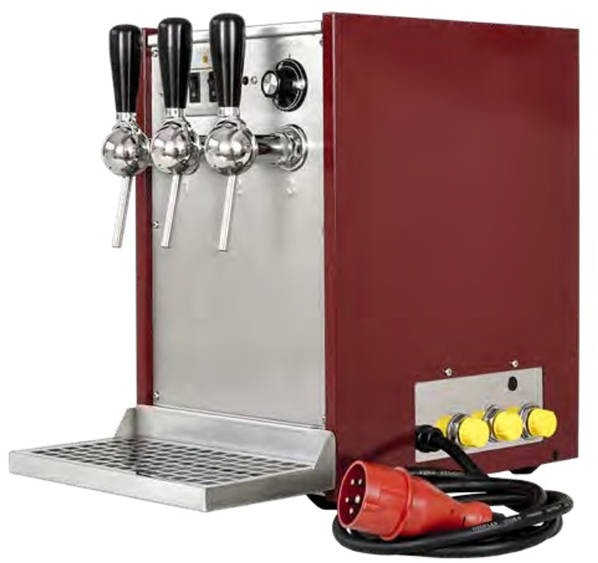 Dispensador de vino caliente, calentador instantáneo de bebidas 9 kW, 3 líneas, con bomba eléctrica, acero inoxidable con laterales granate