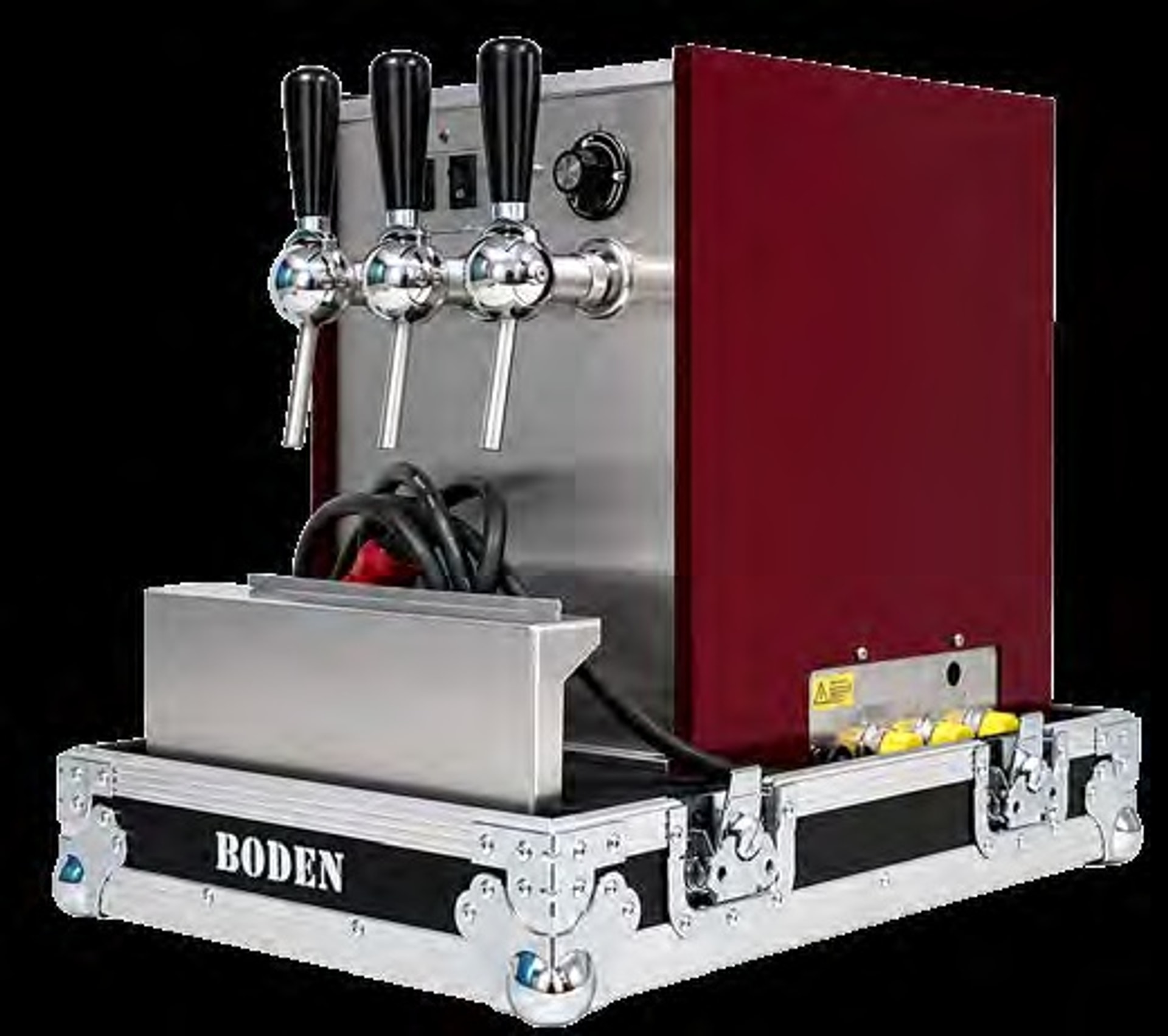 Dispensador de vino caliente, calentador instantáneo de bebidas 9 kW, 3 líneas, con bomba eléctrica, incl. caja de transporte, acero inoxidable con laterales granate