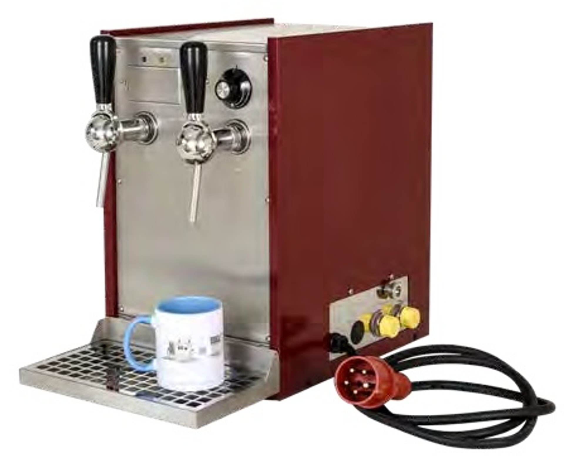 Dispensador de vino caliente, calentador instantáneo de bebidas 9 kW, 2 líneas, con bomba eléctrica, acero inoxidable con laterales granate