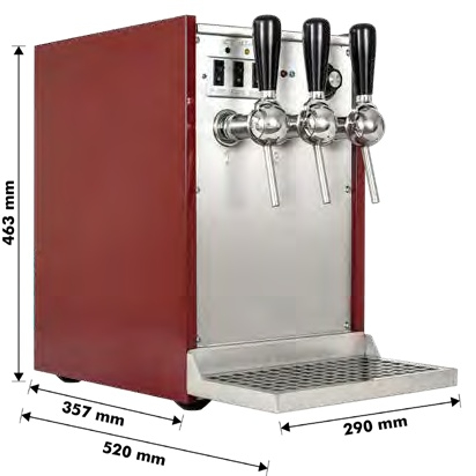 Dispensador de vino caliente, calentador instantáneo de bebidas 9 kW, 3 líneas, con bomba eléctrica, conexiones en la parte inferior, acero inoxidable con laterales granate