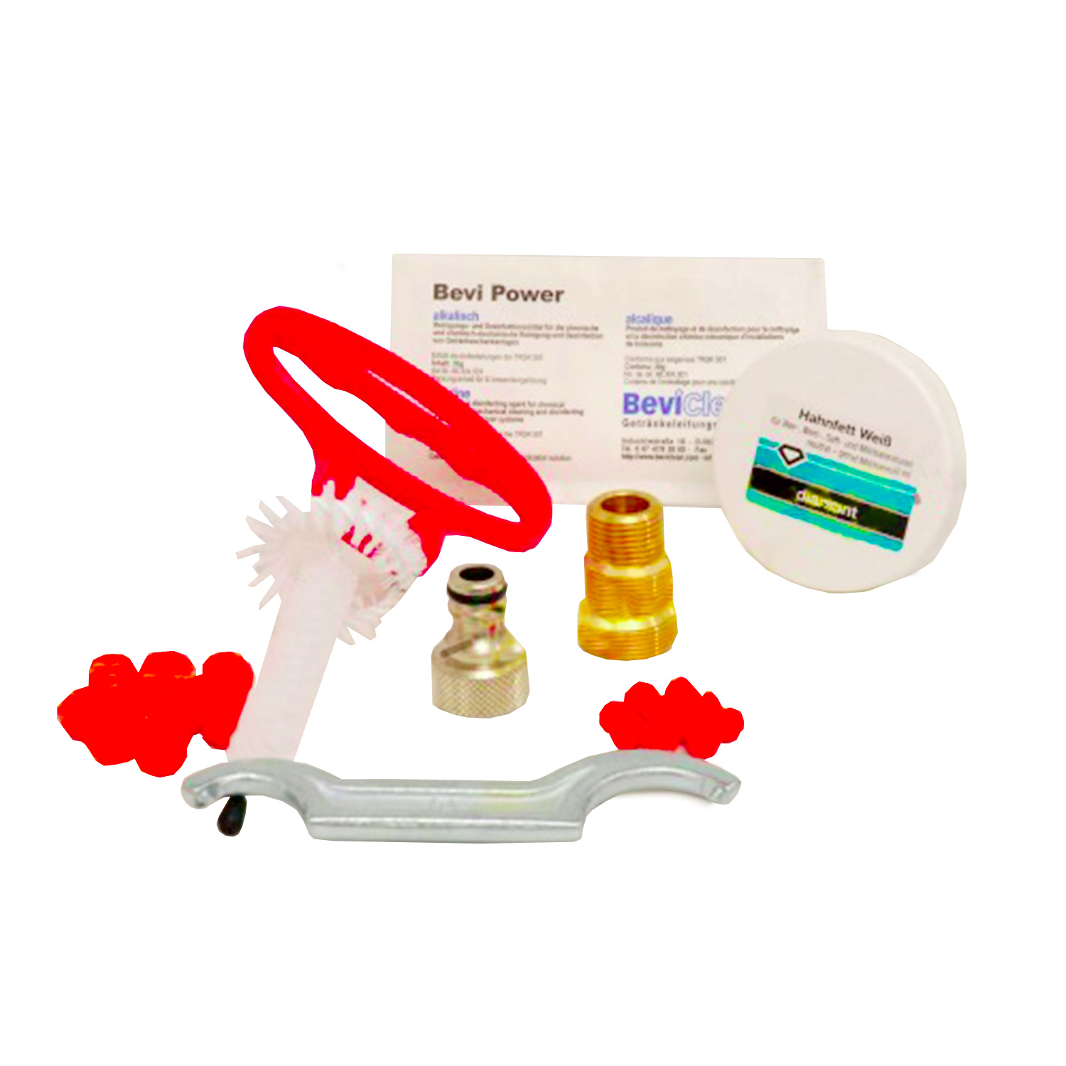 Kit de limpieza Dispensador de cerveza - pequeño, con adaptador de limpieza de 30 mm, cepillos y polvo limpiador